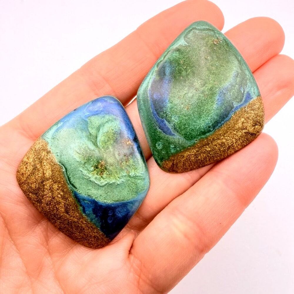 Handmade Brass Statement Earrings Verdigris Watercolor Patina Blue Green Gold